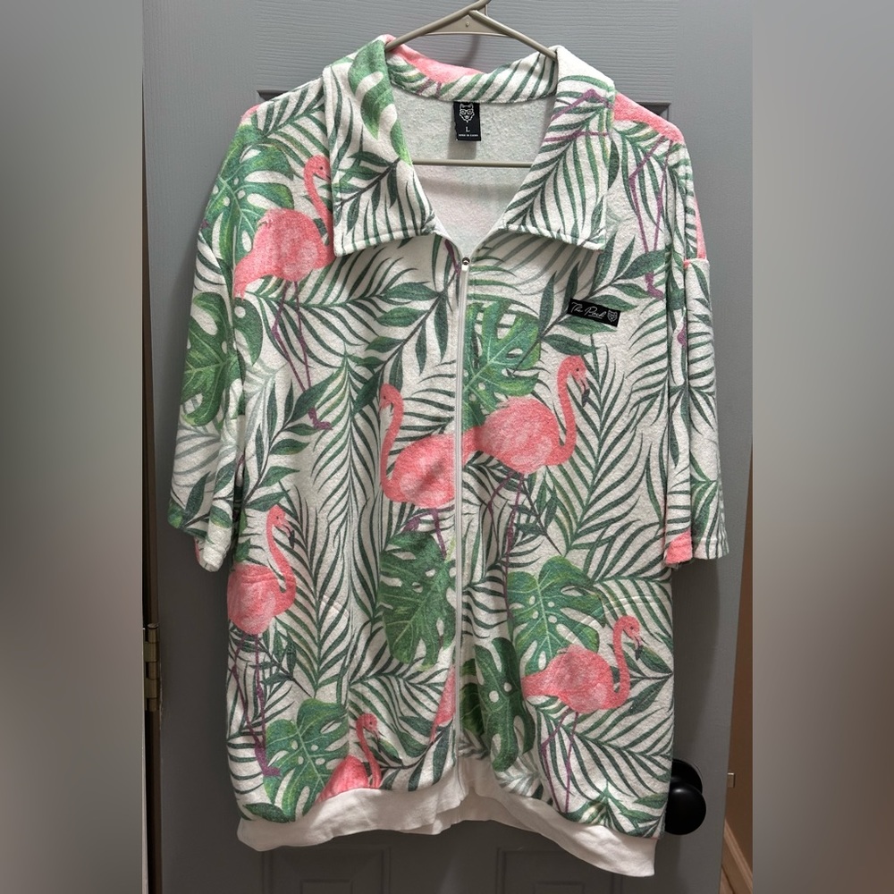 The Pack Golf Tiki Tropics Zip Up Terry Cloth Shirt w/ Flamingo Print Mens Large